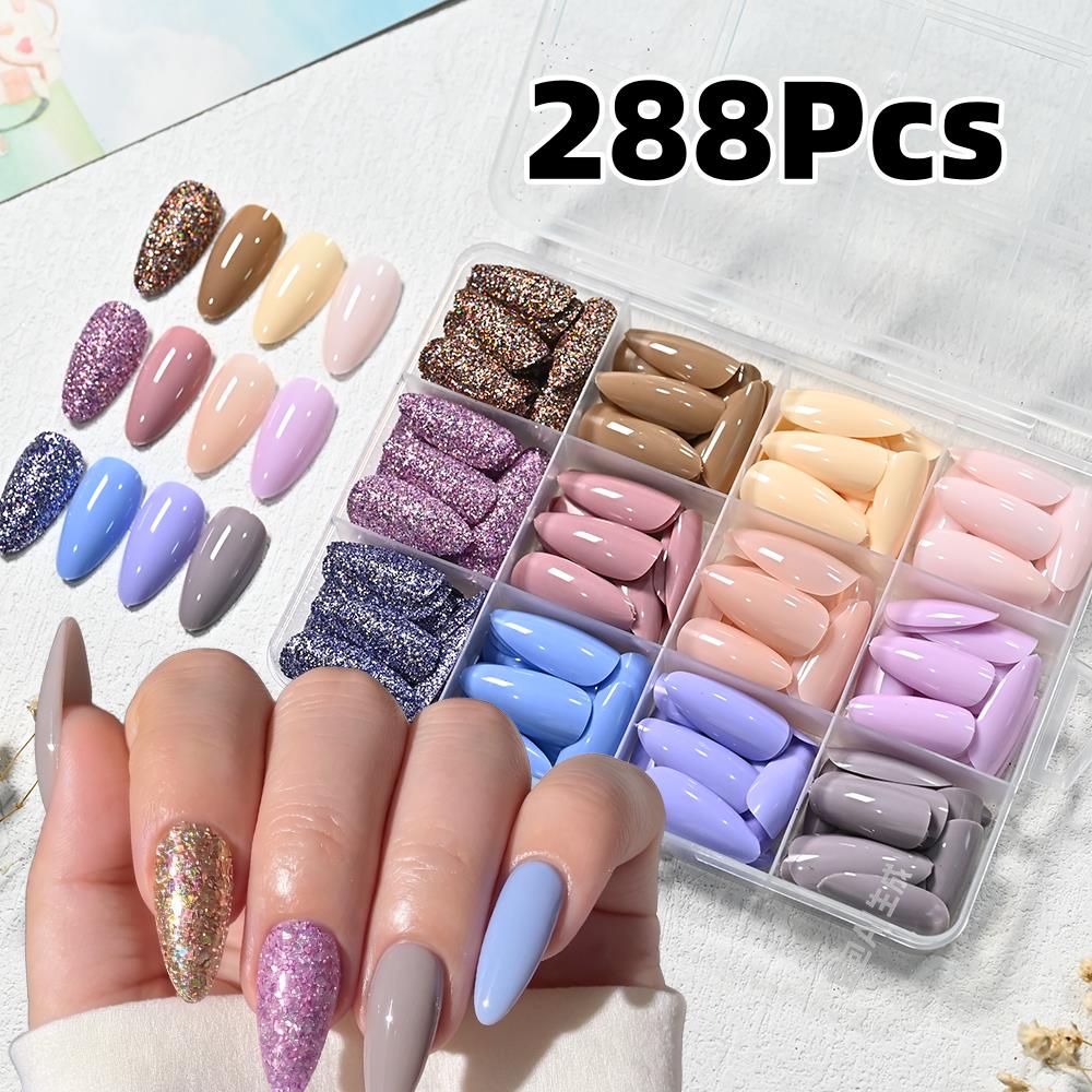 Nail Art Aesthetic - 288Pcs Glossy Macaron Medium Almond Fake