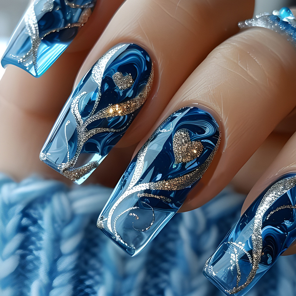 Nail Art Aesthetic - 24pcs Blue Press on Nails Spicy