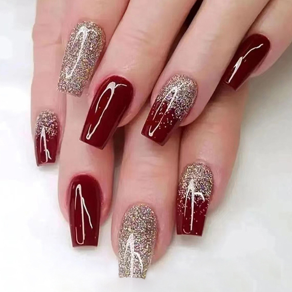 24Pcs Wine Red Flash Fake Nail - đánh giá và giá Nail Art French Nails