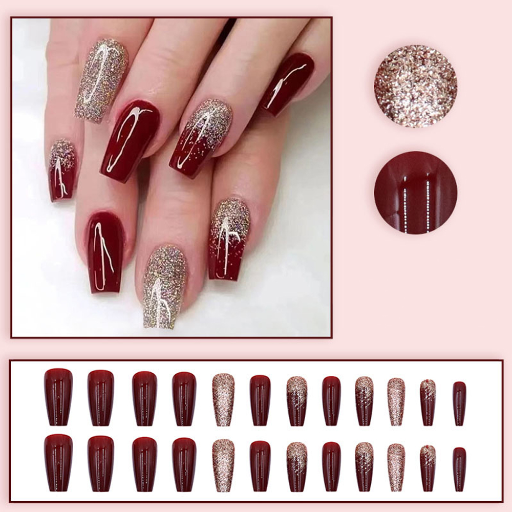 24Pcs Wine Red Flash Fake Nail - đánh giá và giá Nail Art French Nails